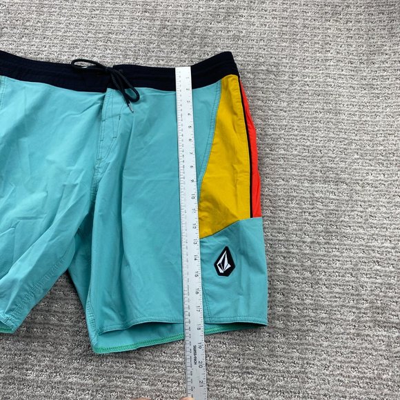 VOLCOM Swim Trunks Men 38 Teal Yellow Orange Bathing Suit Board Shorts Surfing - Picture 11 of 14